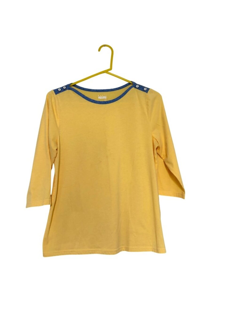 Basic Editions Womens Medium tee Tshirt Shirt Yellow Blue Denim Trim 3/4 SLeeve